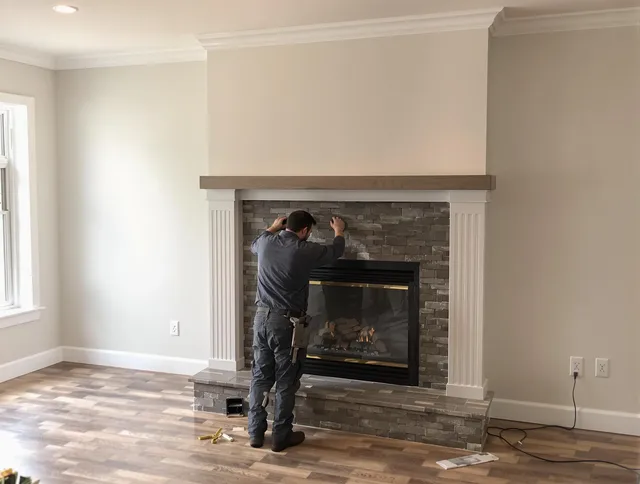 Poinciana Chimney Sweep finishing a custom fireplace install in Poinciana, FL